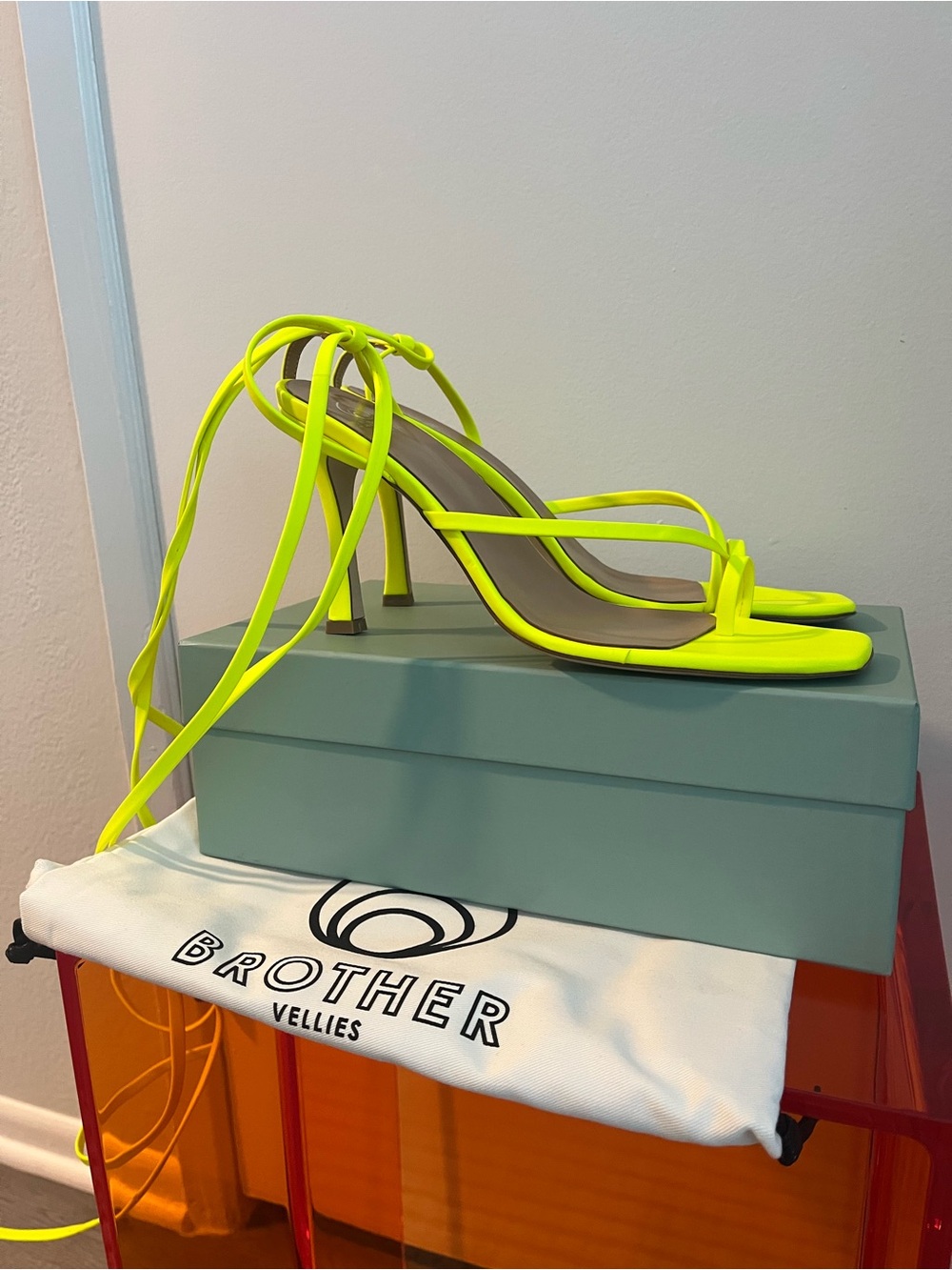 Brother Vellies Neon Lace-Up Strappy Heels in Neon Yellow